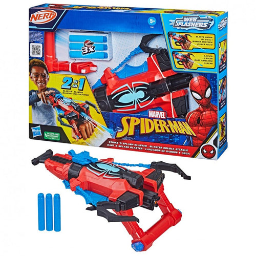  lanzador de dardos Spiderman, con función 2 en 1: dispara dardos con tecnología NERF o dispara agua. Incluye 2 dardos de NERF Con este lanzador para el brazo podrás recrear las aventuras de Spiderman.