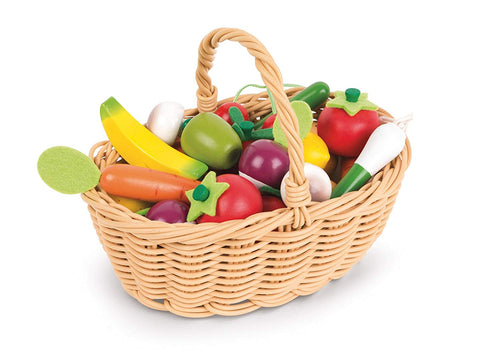 cesta de frutas y verduras, Una bonita cesta con 12 variedades de frutas y verduras,hechas en madera, para jugar a tiendas.En total vienen 24 piezas entre frutas y verduras.