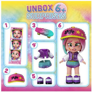 KookyLoos. Cada tubo contiene una muñeca sorpresa con su propio estilo, 5 sobres sorpresa de accesorios, 1 leaflet y 1 fotomatón de las tres expresiones. 