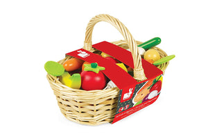 cesta de frutas y verduras, Una bonita cesta con 12 variedades de frutas y verduras,hechas en madera, para jugar a tiendas.En total vienen 24 piezas entre frutas y verduras.