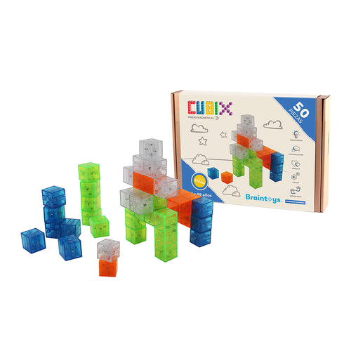 Imanix Juego de construcción CUBIX 50 piezas magnéticas Braintoys 350155 cubos traslúcidos para jugar en mesas de luz o sin