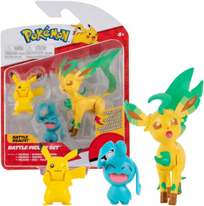 Pokémon Pack de 3 Battle Figure Pikachu, Wynaut, Leafeon Jazwares figuras de batalla 5 a 8 cm para luchar con las bolas