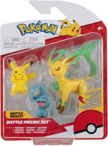 Pokémon Pack de 3 Battle Figure Pikachu, Wynaut, Leafeon Jazwares figuras de batalla 5 a 8 cm para luchar con las bolas
