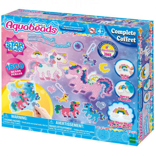 Aquabeads Unicornios,Recrea el mundo mágico de los unicornios y de hadas! ¡2 modelos grandes son accionables, mueven la cabeza o la cola! Con cuentas 1.500 beads más accesorios. 