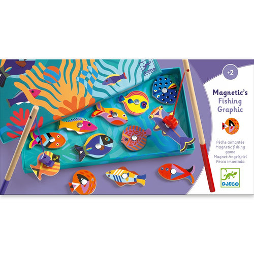 Pesca Magnética Fishing Graphic , Peces de madera, 2 cañas de pescar y una bonita caja que se transforma en un fondo marino. El niño atrapa las piezas de madera imantadas con la caña de pescar.