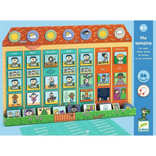 Cargar imagen en el visor de la galería, Un divertido juego en familia para aprender a decir la hora y planificar las actividades de la semana con imanes. Los complejos conceptos de pasado, presente y futuro se convierten en una parte sencilla de la vida cotidiana de tu hijo. Un montón de imanes: escenas cotidianas, actividades deportivas o artística..