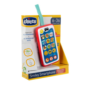Smartphone Smiley - Chicco, móvil para bebés cuenta con 24 actividades electrónicas para aprender en español e inglés e imitar a los adultos. BOTONES GRANDES: Los seis divertidos animales en los botones de la pantalla ayudarán al bebé a aprender sus primeras palabras. LUCES Y MELODÍAS