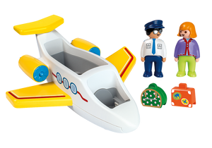 Avión de Pasajeros Playmobil 1.2.3,Avión para los amantes más pequeños de los vuelos. Incluye una figura de piloto, pasajero y 2 maletas. Adecuado para niños a partir de 1 años y medio.