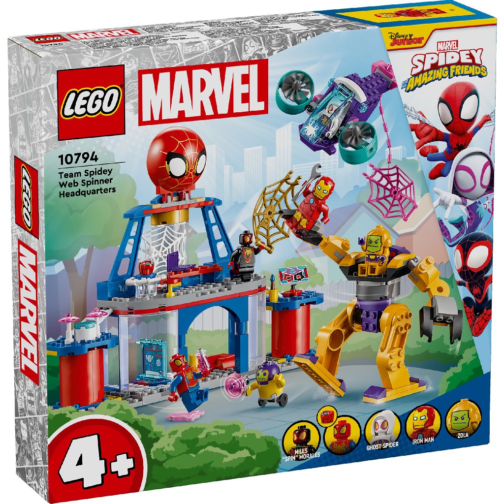 Cuartel de Spidey con 5 minifiguras Marvel: Miles Spin morales, Spidey & Tracy, Ghost Spider, Iron Man y Zola Lego para principiantes + 4 años