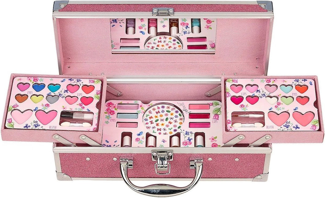 Estuche de Belleza Luxe es un completo set de maquillaje. En este estuche encontrarás una gran variedad de cosméticos para maquillarte y pintar y decorar tus uñas. Es ligero y cuenta con una práctica asa de transporte para que puedas llevarlo a todas partes y usarlo con familiares y amigos, un espejo en su interior y cierre de clip fácil de abrir y cerrar. Dermatológicamente testado