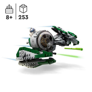 Star Wars™ Caza Estelar Jedi de Yoda, Esta nave cuenta con una cabina que se abre para albergar a la minifigura LEGO del Maestro Yoda, espacio para el droide LEGO R2-D2, 2 cañones accionables y alas ajustables para volar y aterrizar. 