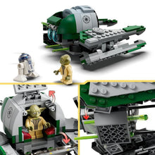 Carregar imagem no visualizador da galeria, Star Wars™ Caza Estelar Jedi de Yoda, Esta nave cuenta con una cabina que se abre para albergar a la minifigura LEGO del Maestro Yoda, espacio para el droide LEGO R2-D2, 2 cañones accionables y alas ajustables para volar y aterrizar. 