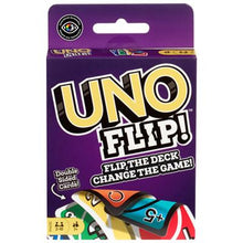 Cargar imagen en el visor de la galería,  UNO FLIP!. Es el mismo juego que ya conoces, pero con un nuevo y emocionante giro: la baraja a doble cara y la carta especial FLIP, que le darán un toque competitivo al juego clásico. Hay un lado bueno de la baraja, que se juega como el UNO clásico, y un lado malo, que tiene sanciones mucho más duras. 