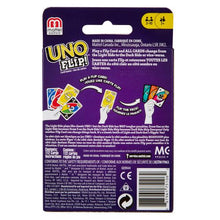 Cargar imagen en el visor de la galería,  UNO FLIP!. Es el mismo juego que ya conoces, pero con un nuevo y emocionante giro: la baraja a doble cara y la carta especial FLIP, que le darán un toque competitivo al juego clásico. Hay un lado bueno de la baraja, que se juega como el UNO clásico, y un lado malo, que tiene sanciones mucho más duras. 