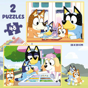  Bluey Maleta 2 Puzzles 48 piezas, selección de los mejores puzzles de Bluey y la calidad Educa® tienen además… UN PLUS. Una magnífica maleta de plástico donde guardar tus puzzles ,Tamaño de cada puzzle montado: 28 x 20 cm. 