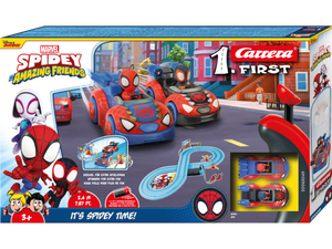  circuito  de Carrera FIRST 'It's Spidey Time', se une a su amigo Miles Morales, alias Spin, mientras corren alrededor de la pista de 2,4 metros. Numerosos elementos decorativos con diseños de la serie adornan la pista, creando una atmósfera genuina de Spidey en los autódromos de dormitorio. Incluye los 2 coches y los 2 mandos.