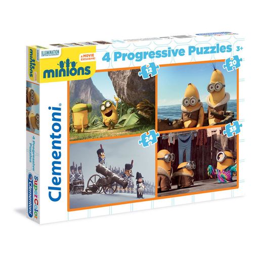 4 Puzzles progresivos de los divertidos personajes de Minions para niños entre 3 y 5 años. El primer puzzle consta de 12 piezas, luego viene uno de 20 piezas, otro de 24 piezas y otro de 35 piezas. Material: cartón duro. 