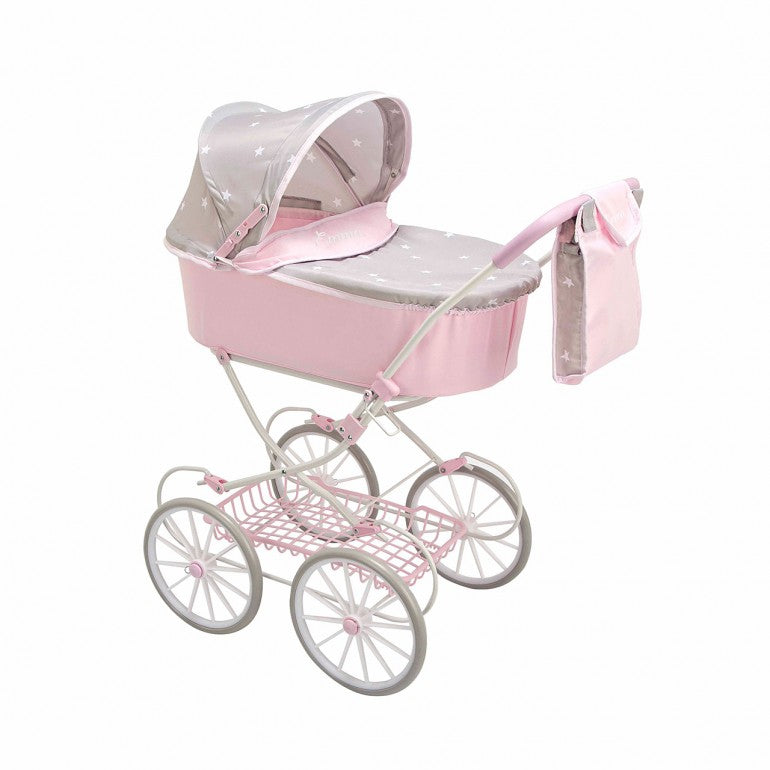 Coche con capota clásico tonos rosa para muñecas con bolso a juego Estilo clásico Medidas 70x42x90 cm Altura manillar 80 cm