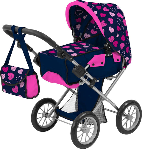 Cochecito para muñecas Amia con motivos de corazones. El capazo extraíble es adecuado para muñecas de hasta 46 cm. El mango ajustable hace que este cochecito de muñecas sea fácil de ajustar a la altura de su hijo. Ajustable hasta aprox. 65 centímetros.