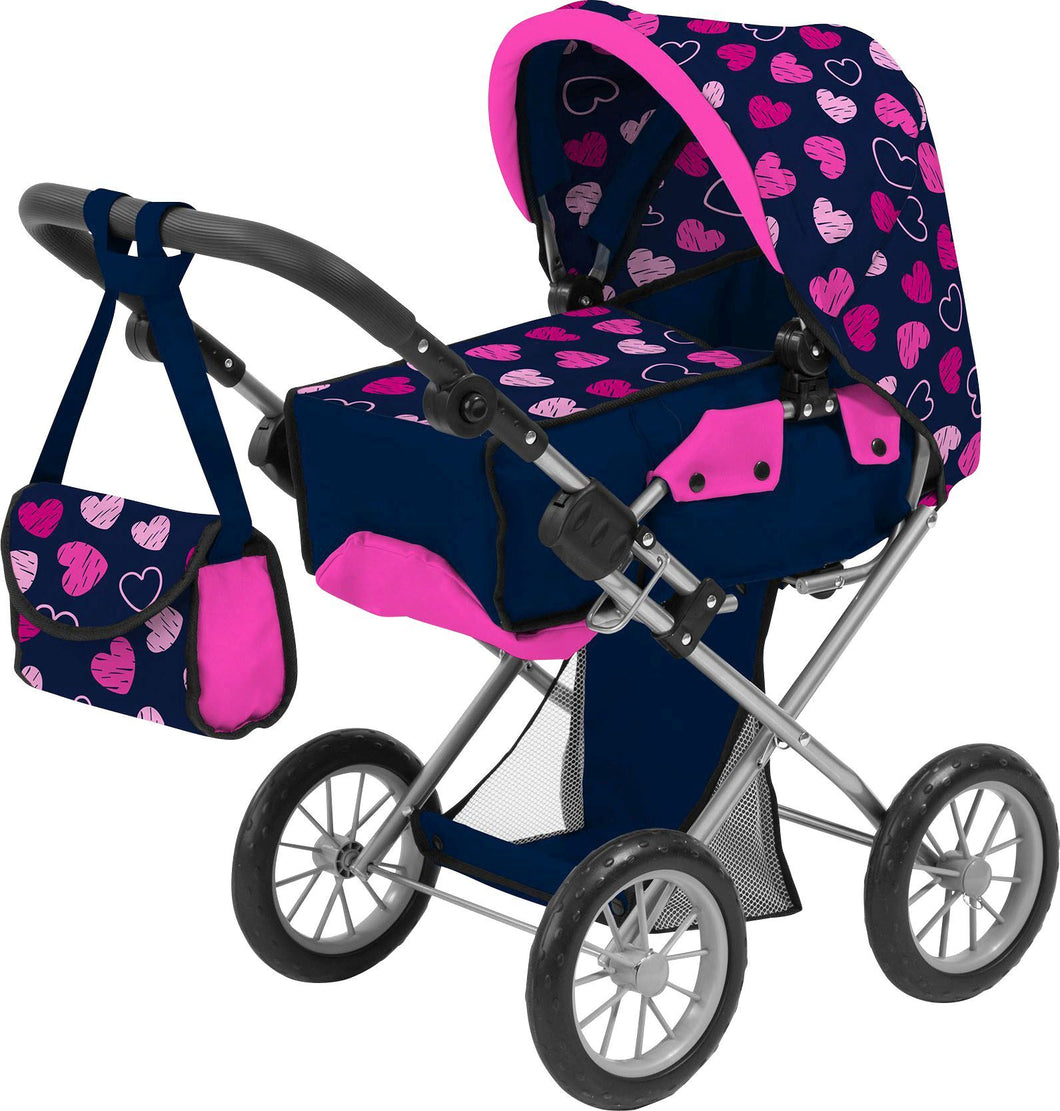 Cochecito para muñecas Amia con motivos de corazones. El capazo extraíble es adecuado para muñecas de hasta 46 cm. El mango ajustable hace que este cochecito de muñecas sea fácil de ajustar a la altura de su hijo. Ajustable hasta aprox. 65 centímetros.