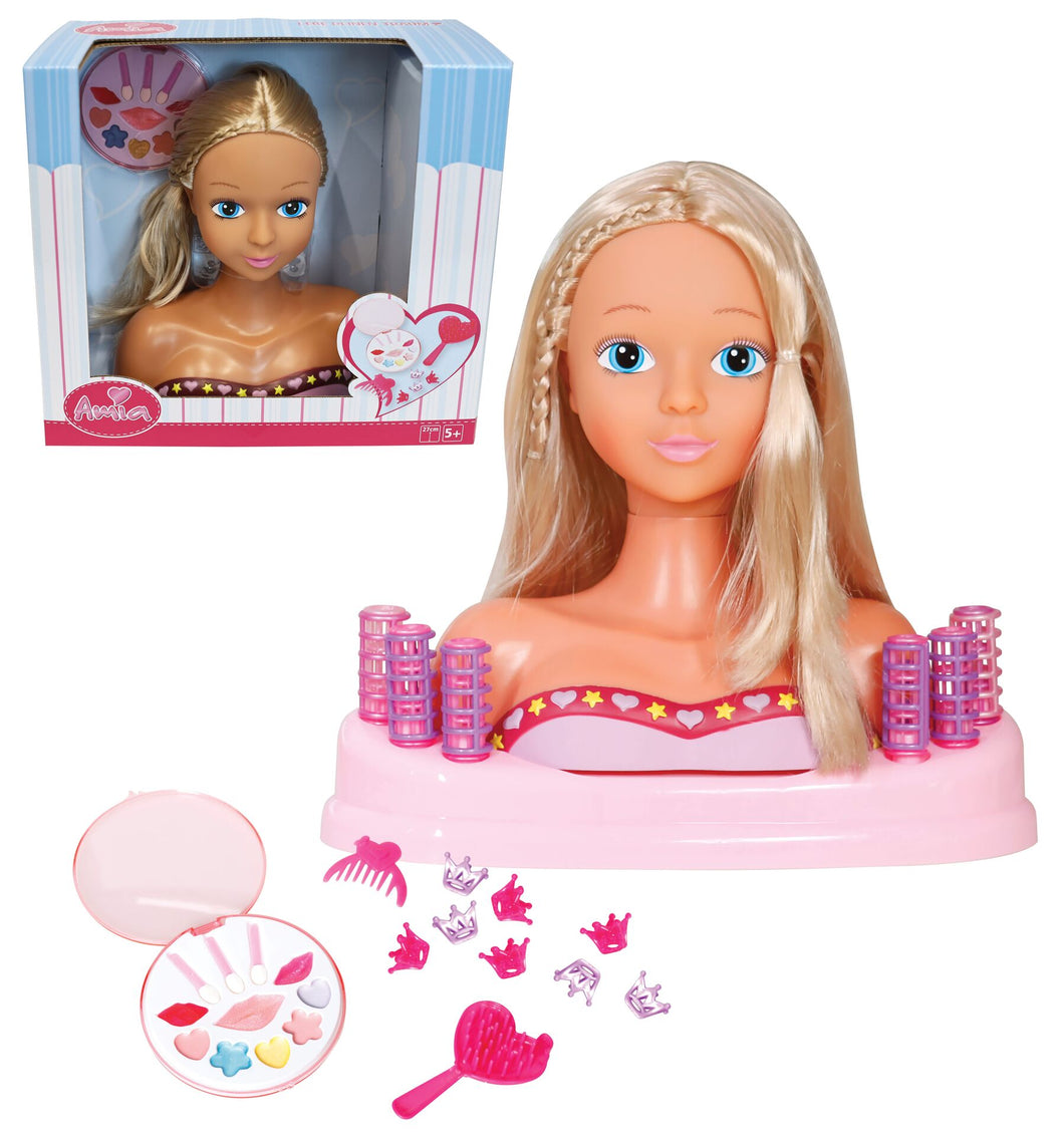  Busto Amia para peinar y maquillar. Incluye cepillo, rulos, y pinzas. Paleta de maquillaje par poner bien guapa a Amia. Mice 27 cm