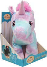 Carregar imagem no visualizador da galeria, Suave y divertido Unicornio de peluche Amia que brilla en la oscuridad. Tamaño aproximado. 30 centímetros. Tiene partes de tejido que son fosforescentes en la oscuridad y da una sensación de seguridad a los niños. Fabricado en 100% poliéster. Dimensiones aprox. 18x30x30 cm.