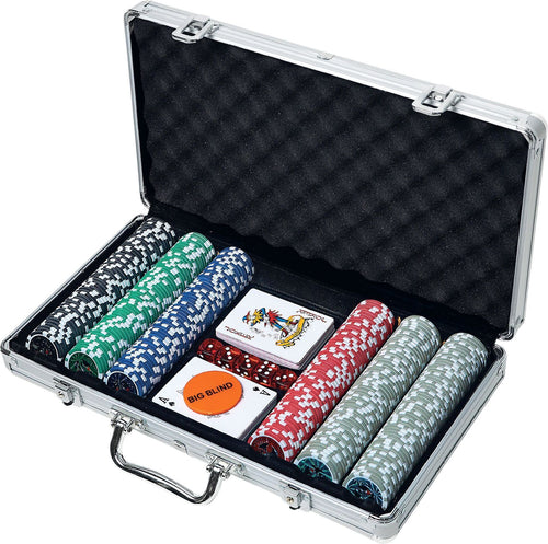 Set de poker de Natural Games en estuche de aluminio con 300 fichas de poker . Además de otros accesorios como naipes, ciega grande, ciega pequeña y 5 dados rojos. Peso de las fichas: aproximadamente 11 g. Dimensiones de la maleta aprox.38,5x22,5x6,5 cm.