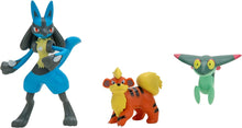 Carregar imagem no visualizador da galeria,  Set de 3 figuras Pokémon, incluyendo Dreepy, Growlithe y Lucario. Para vivir las trepidantes aventuras del mundo Pokémon. La figura más grande( Lucario) es articulada.
