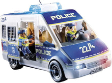 Carregar imagem no visualizador da galeria, Furgón policial Playmobil . Incluye 2 figuras Playmobil con uniforme policial. El vehiculo tiene luces y sirena de alarma. El techo del furgón es remobible , de forma que se pueden colocar y jugar con las figuras . Incluye un total de 52 piezas. 
