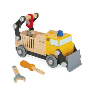 Brico Kid Camion de Construcción - Janod J064 Juguete de madera. 2 juguetes en 1: un juego de construcción para reconstruir un fantástico camión de obra gracias a los numerosos tornillos, tuercas y placas incluidos