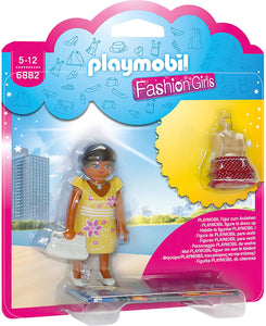 Playmobil Fashion Girls Figura Moda Verano 6882 Figura con 1 falda de recambio Vestido amarillo con flores rosa y falda roja 