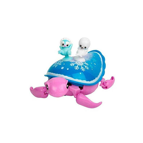 tortuga  lila con caparazón azul  dibujos de copos de nieve, nada y camina