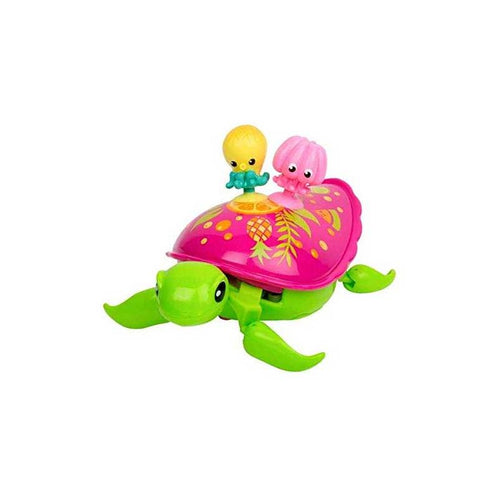 tortuga verde con caparazón fucsia, anda en tierra y nada en el agua