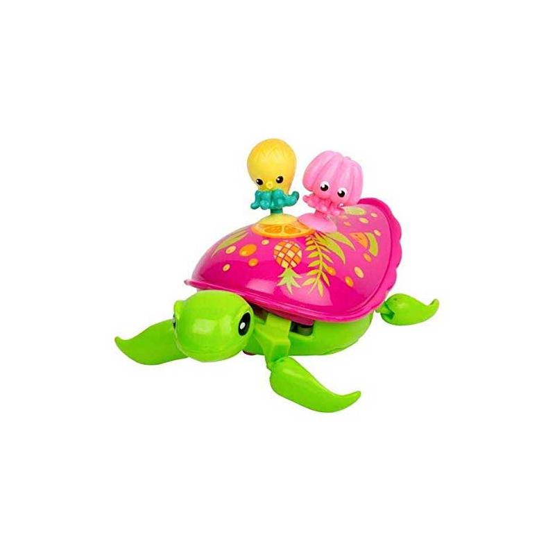 tortuga verde con caparazón fucsia, anda en tierra y nada en el agua