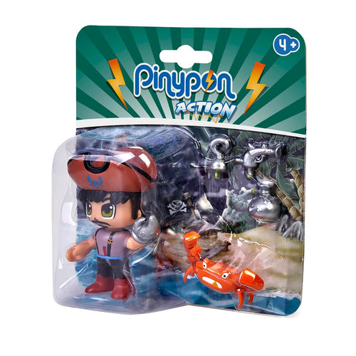 Figura Pinypon Action Pirata con cangrejo, garfio de pinza de cangrejo y garfio normal de recambio, pistola y bolsa de tesoro