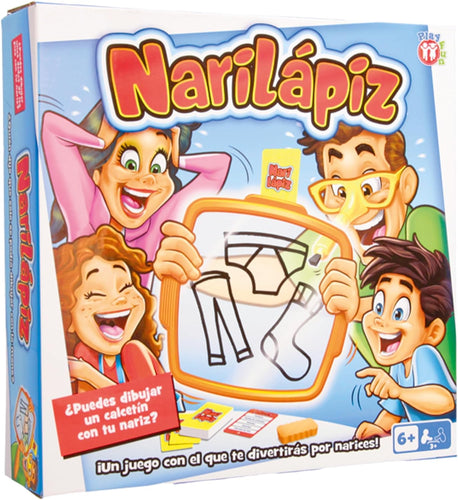 Narilapiz es el juego en el que te divertirás por narices. Conviértete en un artista usando solo tu nariz y un rotulador. Ponte las gafas, elige una tarjeta del mazo y dibujo en la pizarra… ¡con tu nariz!
