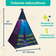 Cargar imagen en el visor de la galería, Tienda tipi para interiores, para que los niños se relajen, jueguen, sueñen y dejen rodar su imaginaciójn. Esta tienda cuenta con un diseño colorido y una luz de noche incorporada. (Se incluyen 3 baterías AA.) Facil montaje. Mide: 100 cm x 100 cm x 140 cm(altura). 