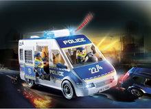 Carregar imagem no visualizador da galeria, Furgón policial Playmobil . Incluye 2 figuras Playmobil con uniforme policial. El vehiculo tiene luces y sirena de alarma. El techo del furgón es remobible , de forma que se pueden colocar y jugar con las figuras . Incluye un total de 52 piezas. 