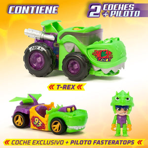T-Racers T-Rex Corre increíbles carreras. Sus potentes ruedas y la boca del dinosaurio se abrirán paso hacia la meta. El Mega Wheel T-Rex consta de un vehículo T-Racer exclusivo y del piloto Fasteratops, también exclusivo
