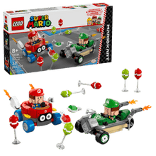 Carregar imagem no visualizador da galeria,  trepidantes carreras y batallas explotaglobos con el juego Mario Kart™: Bebé Mario vs. Bebé Luigi (72034)y sus vehículos Marchimotas GTI y Tribólido en versión LEGO . Cada coche construible puede lanzar caparazones a los 6 globos construibles incluidos,Consta de 321 piezas. 