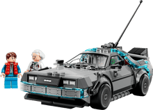 Carregar imagem no visualizador da galeria,  kit LEGO® Speed Champions Máquina del Tiempo de Regreso al Futuro (77256) permite a los niños construir, exponer y recrear la acción de la popular franquicia cinematográfica. Este coche de juguete incorpora famosos detalles del modelo que aparece en las películas. Construye este emblemático coche con pararrayos y matrícula de California, como en el primer largometraje