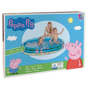 Piscina Peppa Pig,Como hace calor la familia Peppa Pig se ha ido a la playa. Tu también podrás refrescarte y tener diversión es esta piscina hinchable de 150 x 25 cm de Peppa. Tiene 3 tubos.