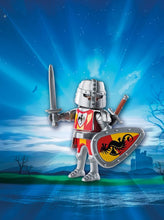 Carregar imagem no visualizador da galeria, Playmobil Medieval Caballero del Dragon equipado con armadura plateada, escudo y 2 espadas, colores rojo, amarillo, negro