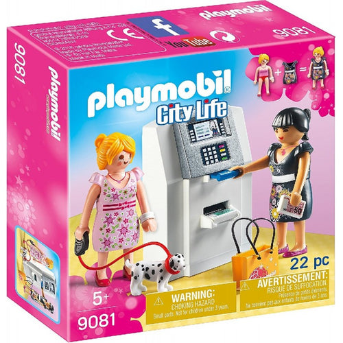 Playmobil City Life 9081 cajero automático, 2 figuras, 1 perrito con su correa, dinero y una bolsa de compra
