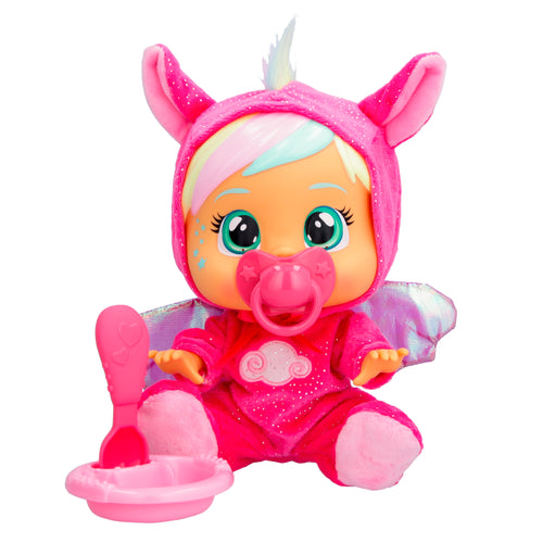 muñeca llorona rosa con chupete plato y cuchara pijama rosa pelo y ojos pintados llora lágrimas de verdad