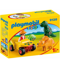 Cargar imagen en el visor de la galería, Quad con figura Playmobil para recorrer el hábitat de los dinosaurios. Incluye 2 dinosaurios. El Playmobil 1.2.3 es un Playmobil sin piezas pequeñas para que aventureros más pequeños 