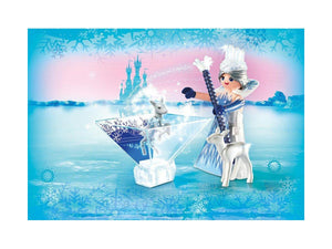 Figura de princesa de hielo con cervatillo del hielo. Una parte lateral de la pirámide del holograma está impresa con una patrón que actúa como fondo para la figura del holograma.