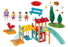 Carregar imagem no visualizador da galeria,  Parque Infantil Family Fun - Playmobil 9423,En el parque infantil de Playmobil la diversión está asegurada. Hay tobogán, columpio, balancín y muchas otras actividades. Hay una figura mamá de Playmobil y tres niños para disfrutar un buen rato en el parque. 