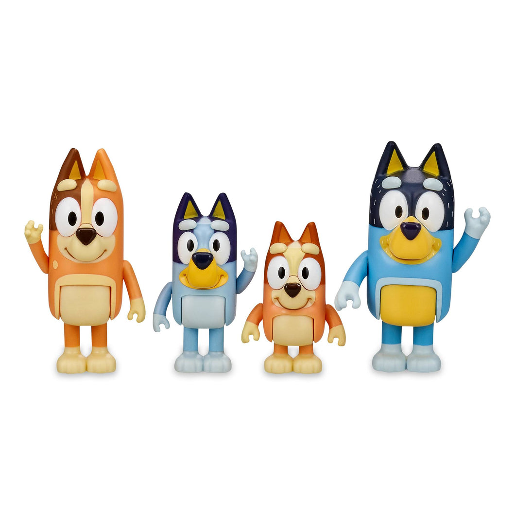  Bluey pack de 4 figuras de 6 a 8 cm articuladas 1 de familia Bluey Bingo papá mamá y otro de amigos .