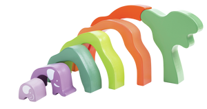 Safari Formas ApilablesRompecabezas/bloques apilables innovadores de forma irregular. Contiene 5 bloques de arte de diferentes formas, tamaños y colores y dos elefantes.